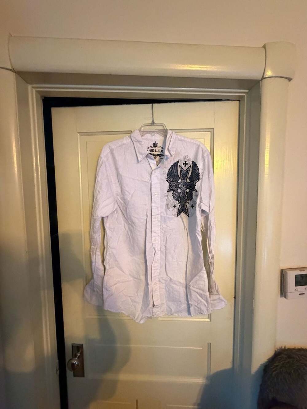 Helix Long Sleeve Button Up Shirt Size Large White Embroidered Cross Y2K